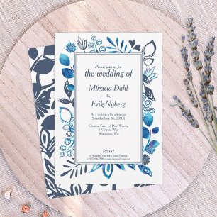 Blau-graue und hellblaue florale Hochzeit Einladung