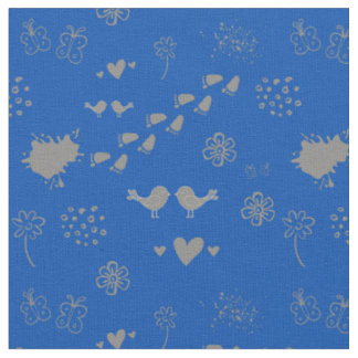 blau-graues Muster aus Vögeln, Punkten, Fußspuren, Stoff