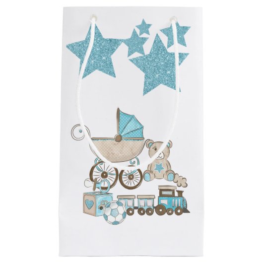 BLAU & GRAY BABY BOY TEDDY BEAR TRAINS BALLS KLEINE GESCHENKTÜTE (Vorderseite)