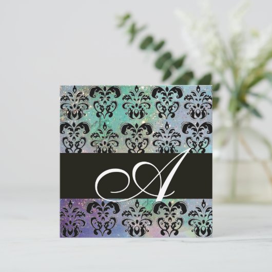BLAU GREEN AQUAMARINES BLACK DAMASK MONOGRAMM, wei Einladung (Stehend Vorderseite)