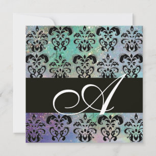 BLAU GREEN AQUAMARINES BLACK DAMASK MONOGRAMM, wei Einladung