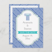 Blau griechischer Schlüssel und Spalte Hochzeit Sp Ankündigungspostkarte (Vorne/Hinten)