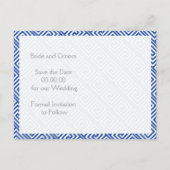 Blau griechischer Schlüssel und Spalte Hochzeit Sp Ankündigungspostkarte (Rückseite)