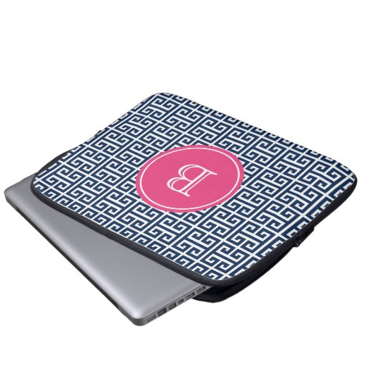 Blau-griechisches Schlüsselmuster - Hot-Pink-Monog Laptopschutzhülle (Vorne Knopf)