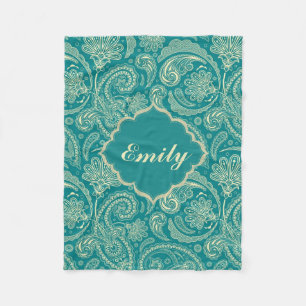 Blau-Grün & Beige Crème Vintage Paisley Monogramm Fleecedecke