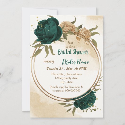 Blau-grün-beige-goldenes botanisches Brautparty Einladung (Vorderseite)