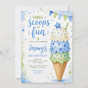 Blau & Grün Drei Kugeln Spaß 3. Geburtstag Einladung