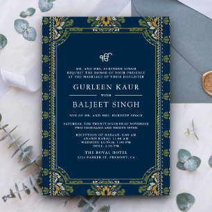 Blau Grün Gelb  Ikat Anand Karaj Sikhische Hochzei Einladung