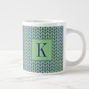 BLAU GRÜN GESTRICKT Großer Weißer Becher + Initial Jumbo-Tasse