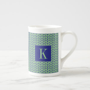 BLAU GRÜN GESTRICKTES Bone China Tasse + Anfangsbu