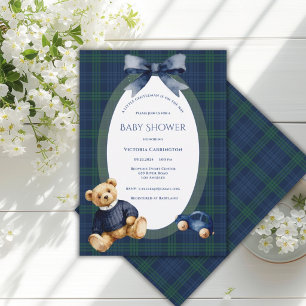 Blau-grün karierter Gentleman-Bär Vintage-Baby Einladung
