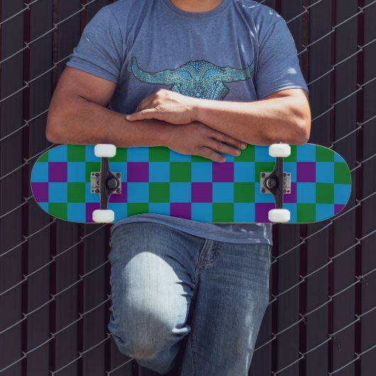 Blau Grün Lila Karomuster Design  Skateboard (Außenbereich 3)