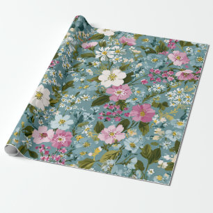 Blau Grün Pink Ditsy-Blume Boho 70er Jahre Vintage Geschenkpapier
