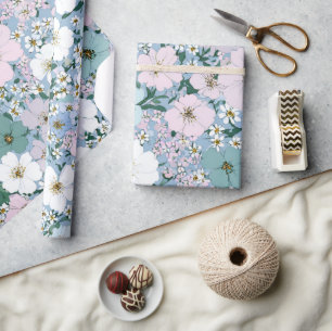 Blau Grün Pink Ditsy-Blume Boho 70er Jahre Vintage Geschenkpapier