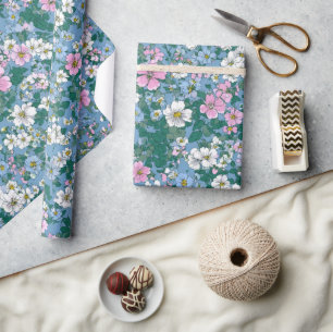 Blau Grün Pink Ditsy Blume Boho 70er Jahre Vintage Geschenkpapier
