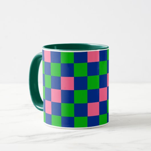 Blau Grün Rosa Kariertes Musterdesign Tasse (Vorderseite Links)