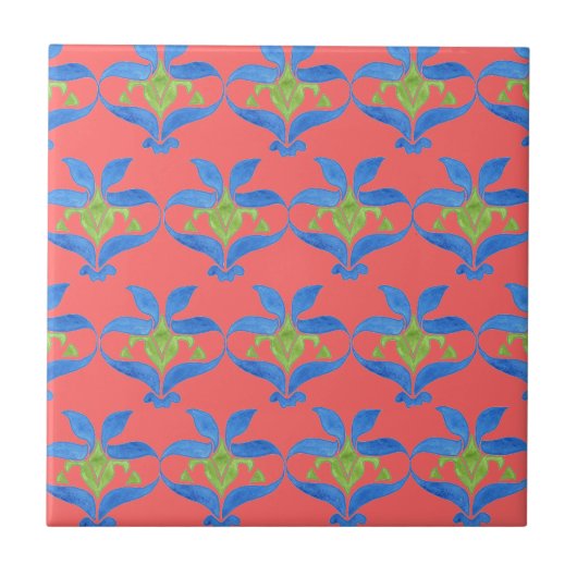 Blau, Grün, Rotes Jugendstil - Muster Tile Fliese (Vorderseite)