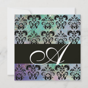 BLAU GRÜN TÜRKIS SCHWARZ DAMAST MONOGRAMM, weiß Einladung