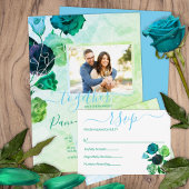 Blau, grün, türkisfarbene Rose Hochzeitssilber Folieneinladung