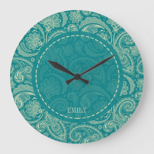 Blau-Grün und Beige Creme Vintage Paisley Große Wanduhr