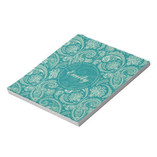 Blau-Grün und Beige Creme Vintage Paisley Notizblock