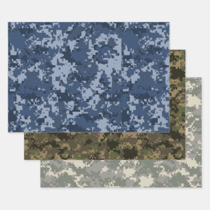 Blau, Grün und Beige Pixel Camouflage Camouflage Geschenkpapier Set