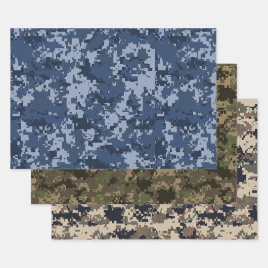Blau, grün und braun Pixel Camouflage Camouflage Geschenkpapier Set (Set)