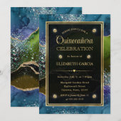 Blau, Grün und Gold Glitzer Agate Quinceanera Einladung (Vorne/Hinten)