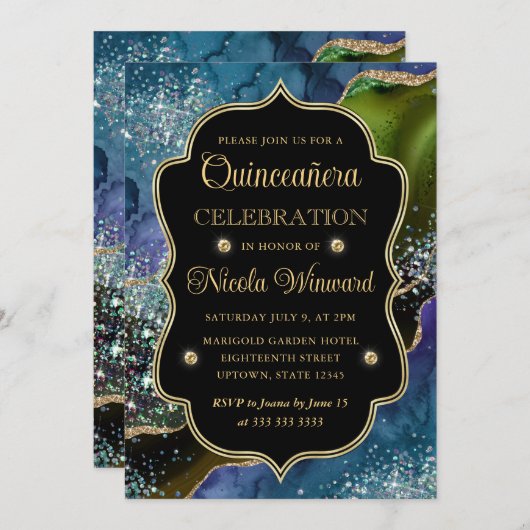Blau, Grün und Gold Glitzer Agate Quinceanera Einladung (Vorne/Hinten)