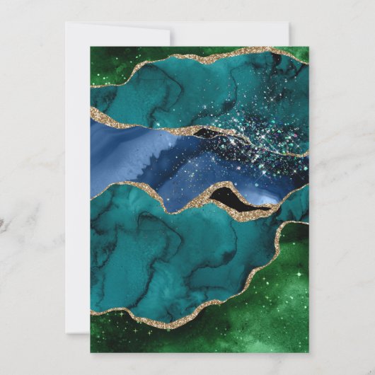 Blau, Grün und Gold Glitzer Agate Quinceanera Einladung (Rückseite)