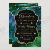 Blau, Grün und Gold Glitzer Agate Quinceanera Einladung (Vorne/Hinten)