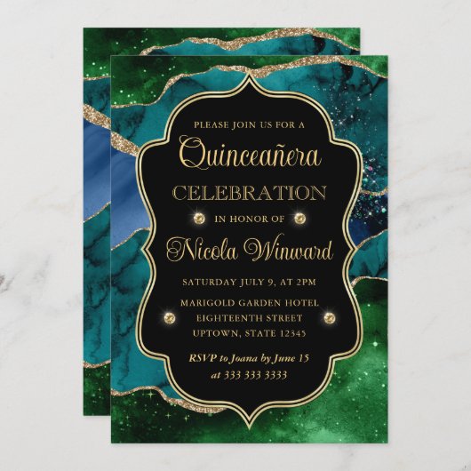 Blau, Grün und Gold Glitzer Agate Quinceanera Einladung (Vorne/Hinten)