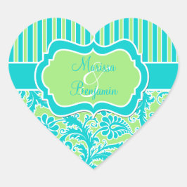 Blau, Grün und Weiß gestreifter Damasketikaufklebe Herz-Aufkleber