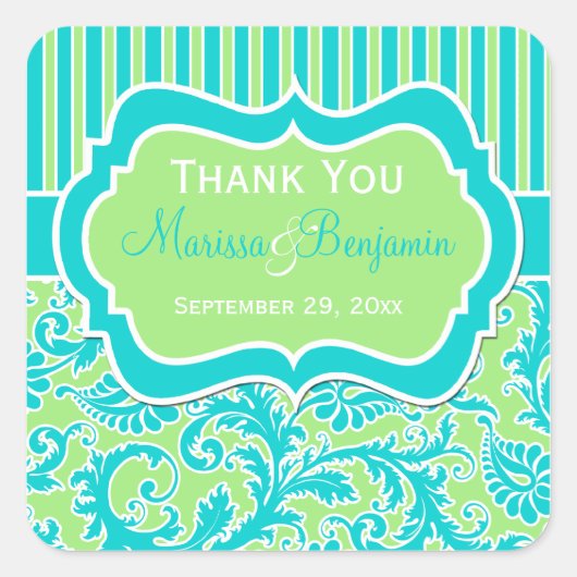 Blau, Grün und Weiß gestreifter Damasketikaufklebe Quadratischer Aufkleber (Vorderseite)