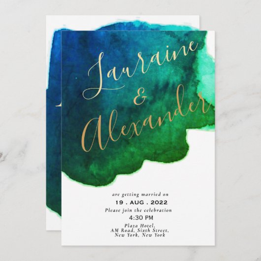 Blau-grüne Aquarellfarbe abstrakte Spritze Einladung (Vorne/Hinten)