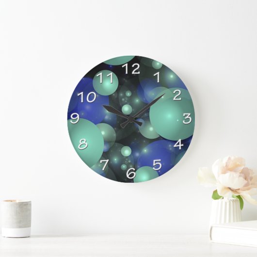Blau-grüne Blasen über schwarz Große Wanduhr (Zuhause)