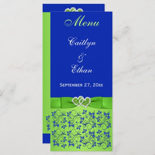 Blau, grüne Blume, Herz-Menü-Karte Menükarte (Vorne/Hinten)