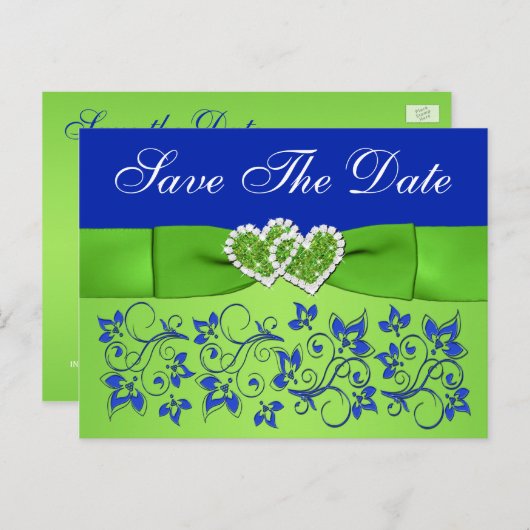 Blau, grüne Blüte, Herz Save the Date Postkarte (Vorne/Hinten)