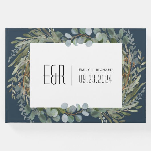 Blau-grüne Eukalyptus-Rahmen schwarz auf weiß Gästebuch (Vorderseite)