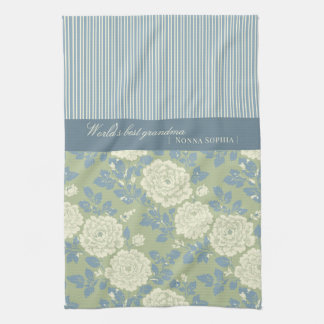 Blau-grüne Floral-Blockdruck mit blauen Streifen Geschirrtuch