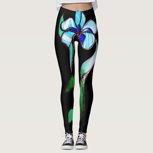 Blau-grüne Neonfarben-Blume auf schwarz Leggings (Vorderseite)