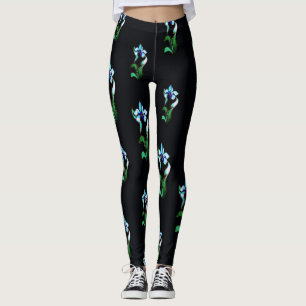 Blau-grüne Neonfarben-Blume auf schwarz Leggings
