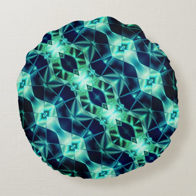 Blau-grüner Acrylrapport, Neon-Spiegelformen Rundes Kissen (Rückseite)