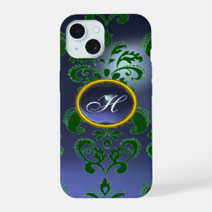 BLAU GRÜNER DAMAST-EDELSTEIN-MONOGRAMM Floral iPhone 15 Hülle