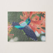 Blau-grüner Hummingvogel und orangefarbener Hibisk Puzzle (Horizontal)