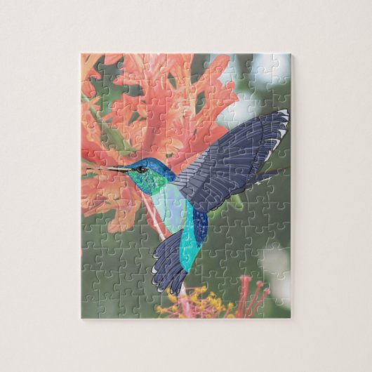 Blau-grüner Hummingvogel und orangefarbener Hibisk Puzzle (Vertikal)