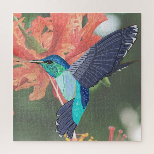 Blau-grüner Hummingvogel und orangefarbener Hibisk Puzzle (Vertikal)