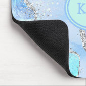 Blau-grüner Silber-Glitzer-Marmor Swirl Monogramm Mousepad (Ecke)