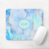 Blau-grüner Silber-Glitzer-Marmor Swirl Monogramm Mousepad (Mit Mouse)