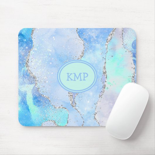 Blau-grüner Silber-Glitzer-Marmor Swirl Monogramm Mousepad (Mit Mouse)